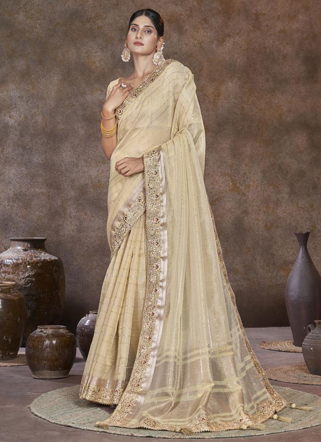 Top Dyed Cream Party Wear Sequins Work Saree